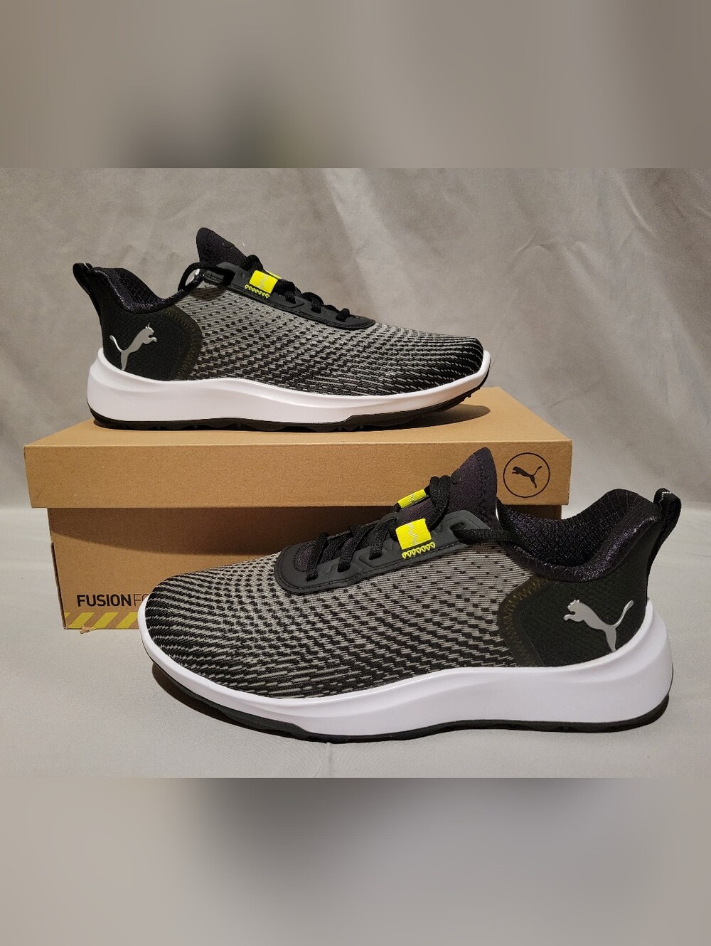 Puma Gray Black Knit Athletic Shoes with Neon Yellow Accents